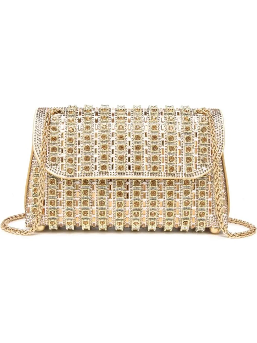 Sparkly Rhinestone Evening Clutch with Chain - Holiday Party Metallic Purse for